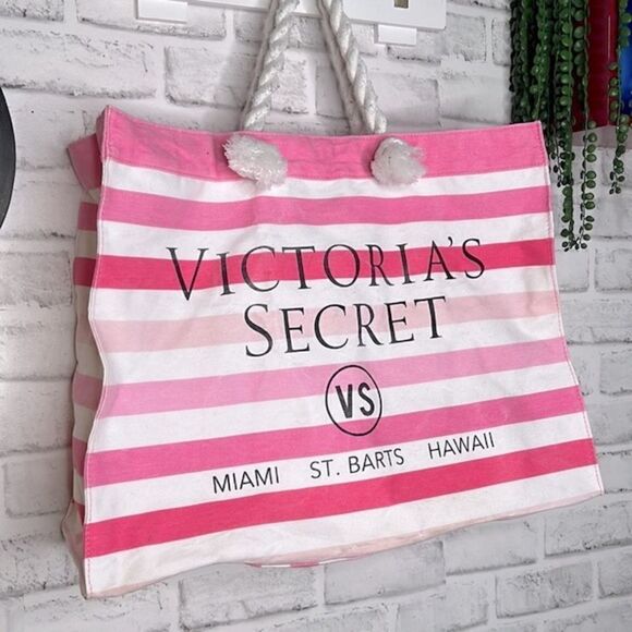 Victoria’s Secret Pink & White Striped Tote Bag Rope Handles Beach Pool - Picture 2 of 6